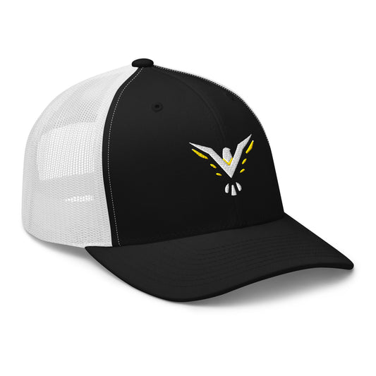 Black and white trucker hat with embroidered The Light In Us Studios logo, mesh back adjustable snapback cap front view. - TLIU Studios